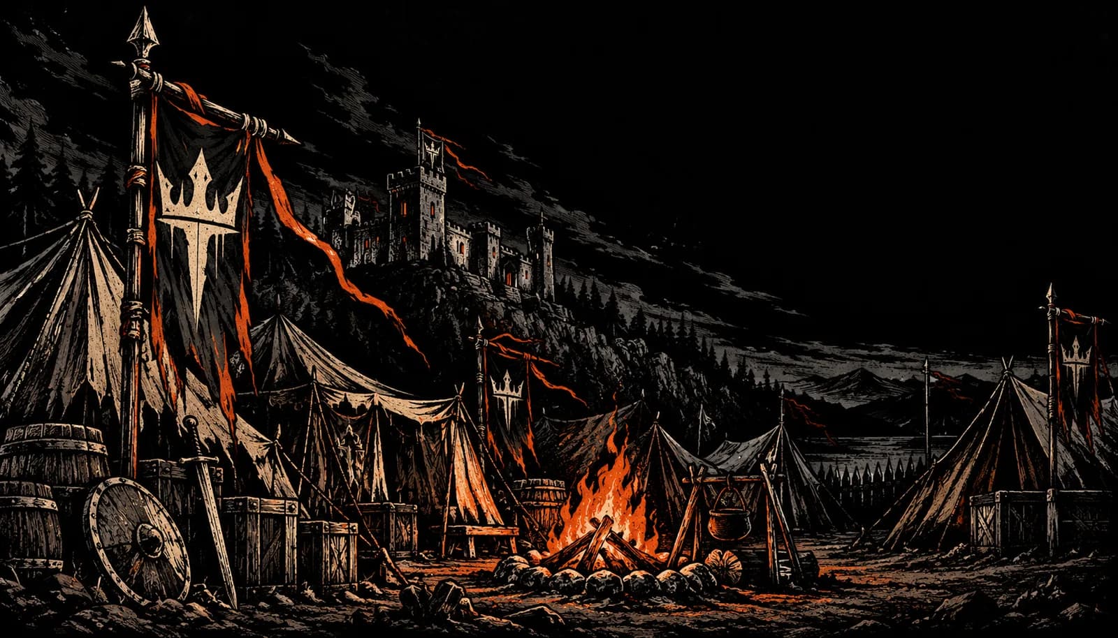 A medieval war camp gathered around an ember-lit keep